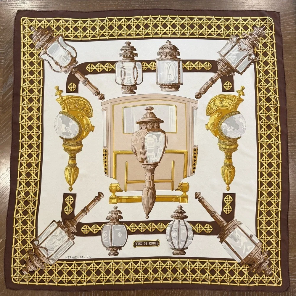 Hermes Paris Silk Scarf with Gold and Brown 34”